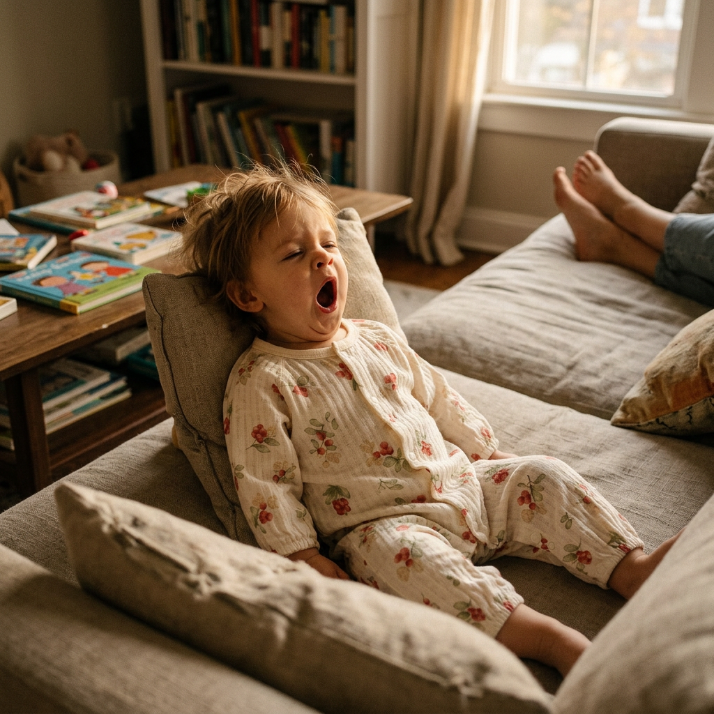 Toddler relaxing at home in a long-sleeve berry-print muslin romper