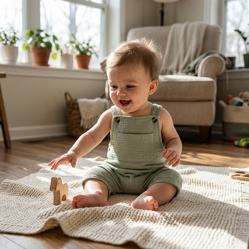 Baby sitting up in a lightweight cotton muslin romper in a sunny room