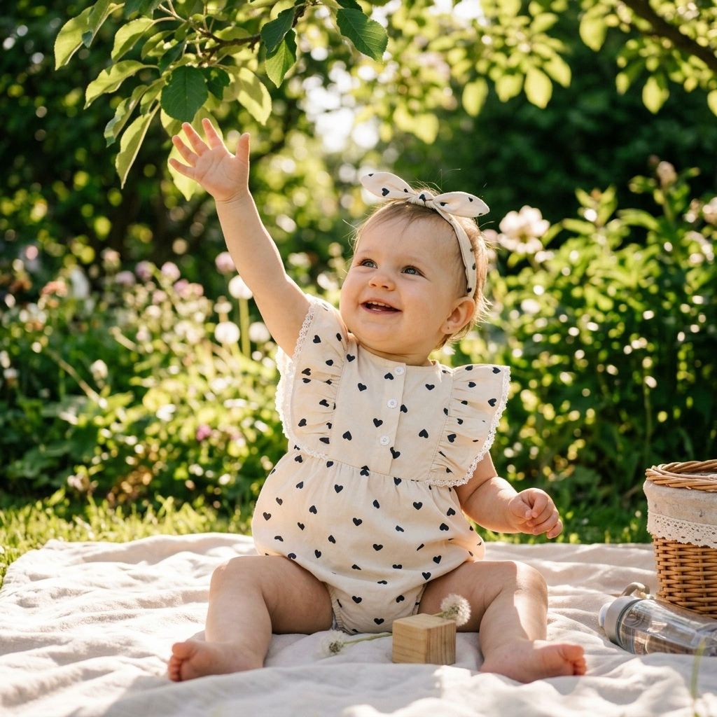 Baby in a sleeveless cotton romper sitting in a sunny garden