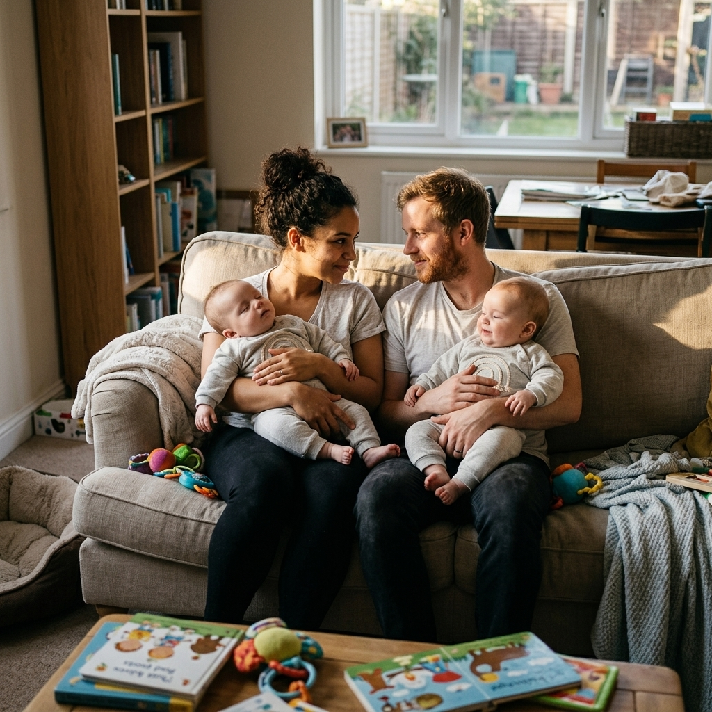 Parents cradling twin babies in matching waffle cotton onesies on a sofa