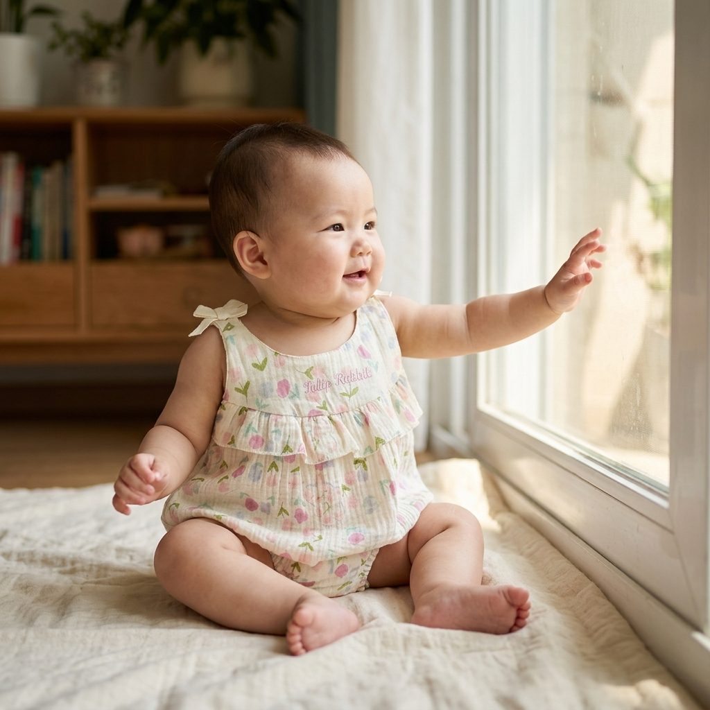 Baby by a window in a lightweight muslin romper