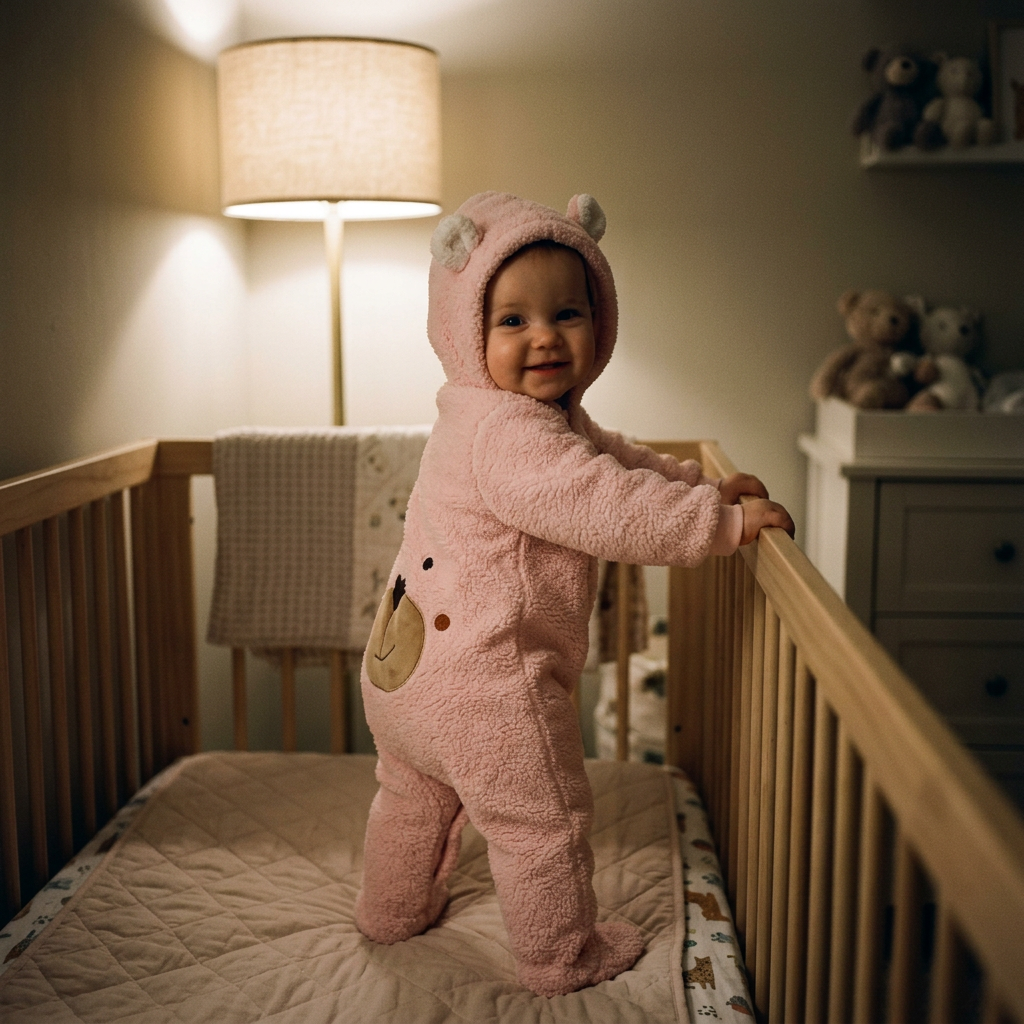 Baby in footed fleece pajamas standing in a crib at bedtime