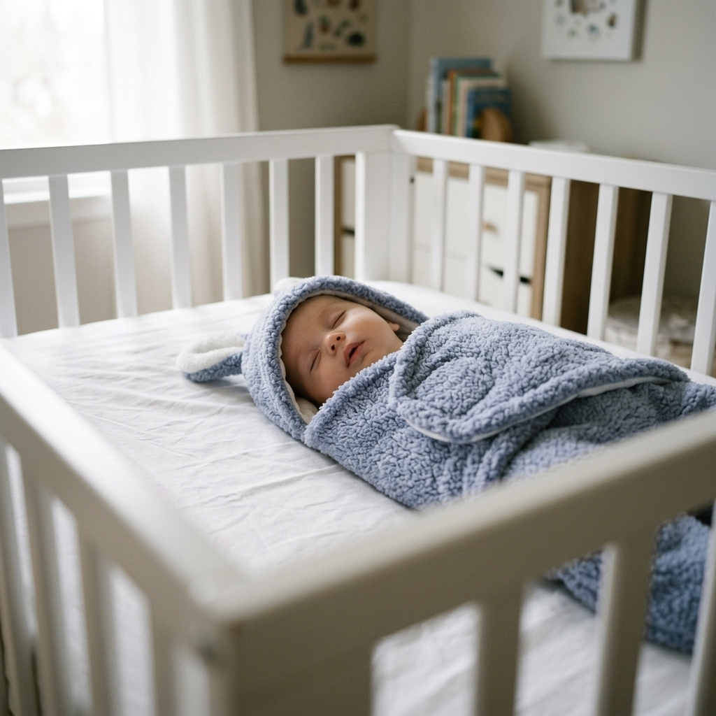 Baby lying calmly in a crib wearing a wearable sleep sack