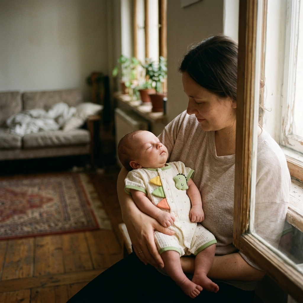 Parent cradling a small newborn in a soft muslin romper at home