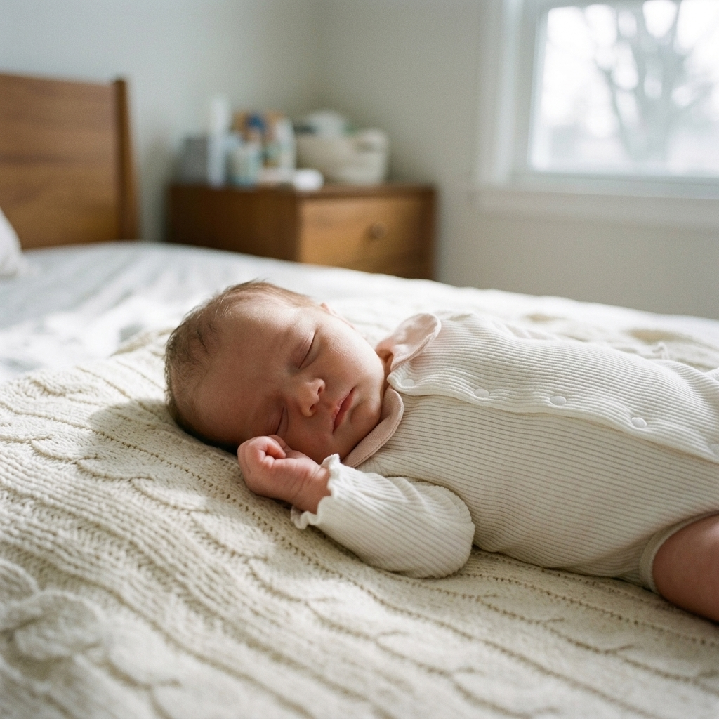 Newborn sleeping on a knitted blanket in a soft cotton bodysuit