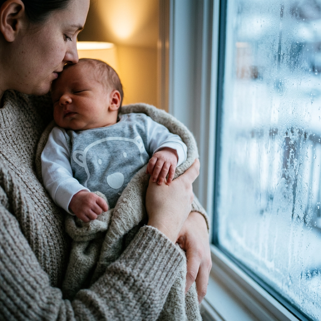 Newborn in a long-sleeve animal-print bodysuit cradled by a parent by a window in winter