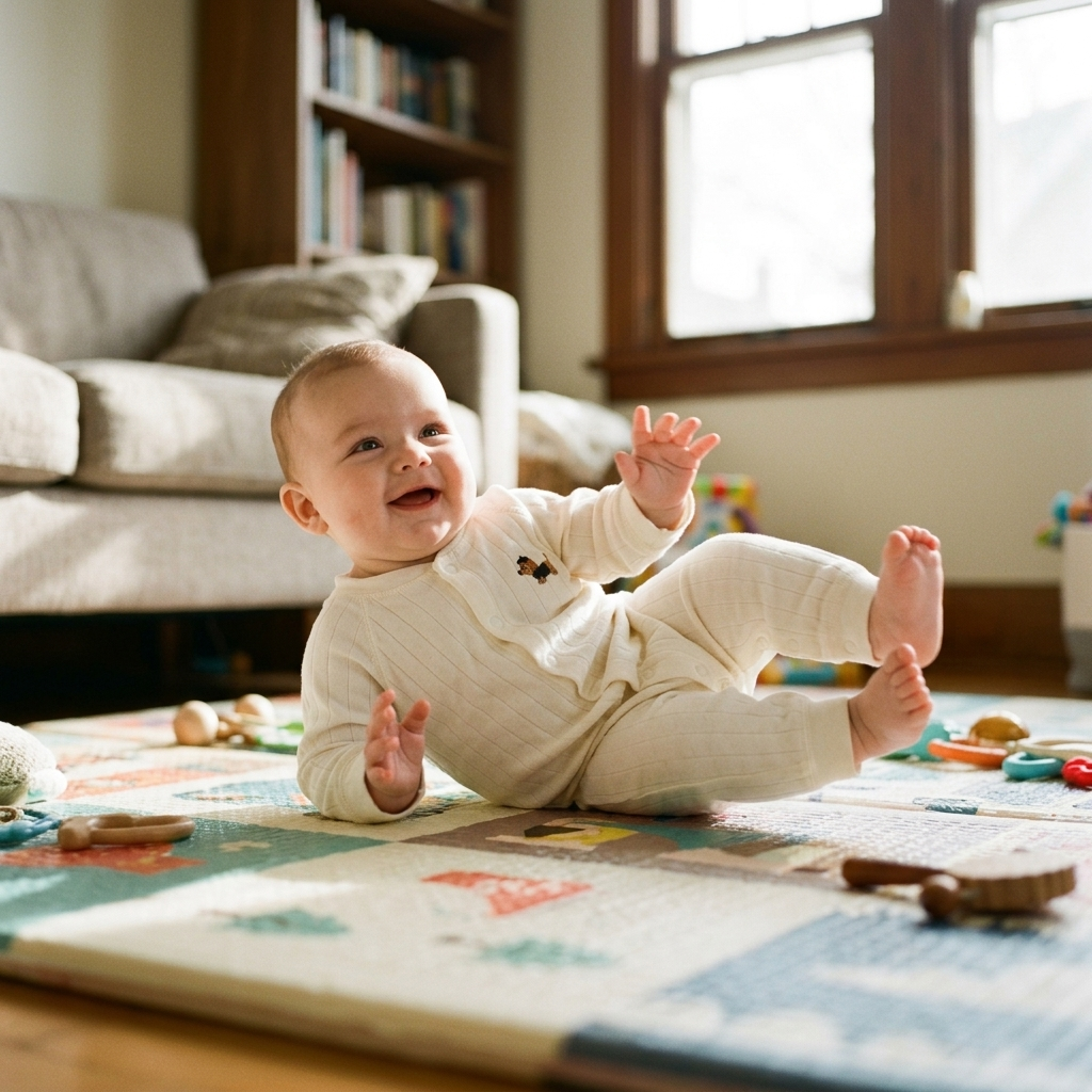 Three-month-old baby in a striped cotton romper on a play mat