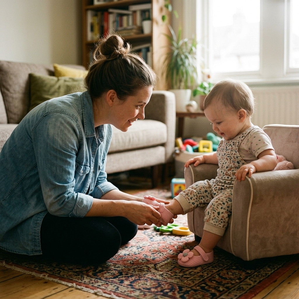Parent checking the fit of a soft first-walker shoe on a baby's foot