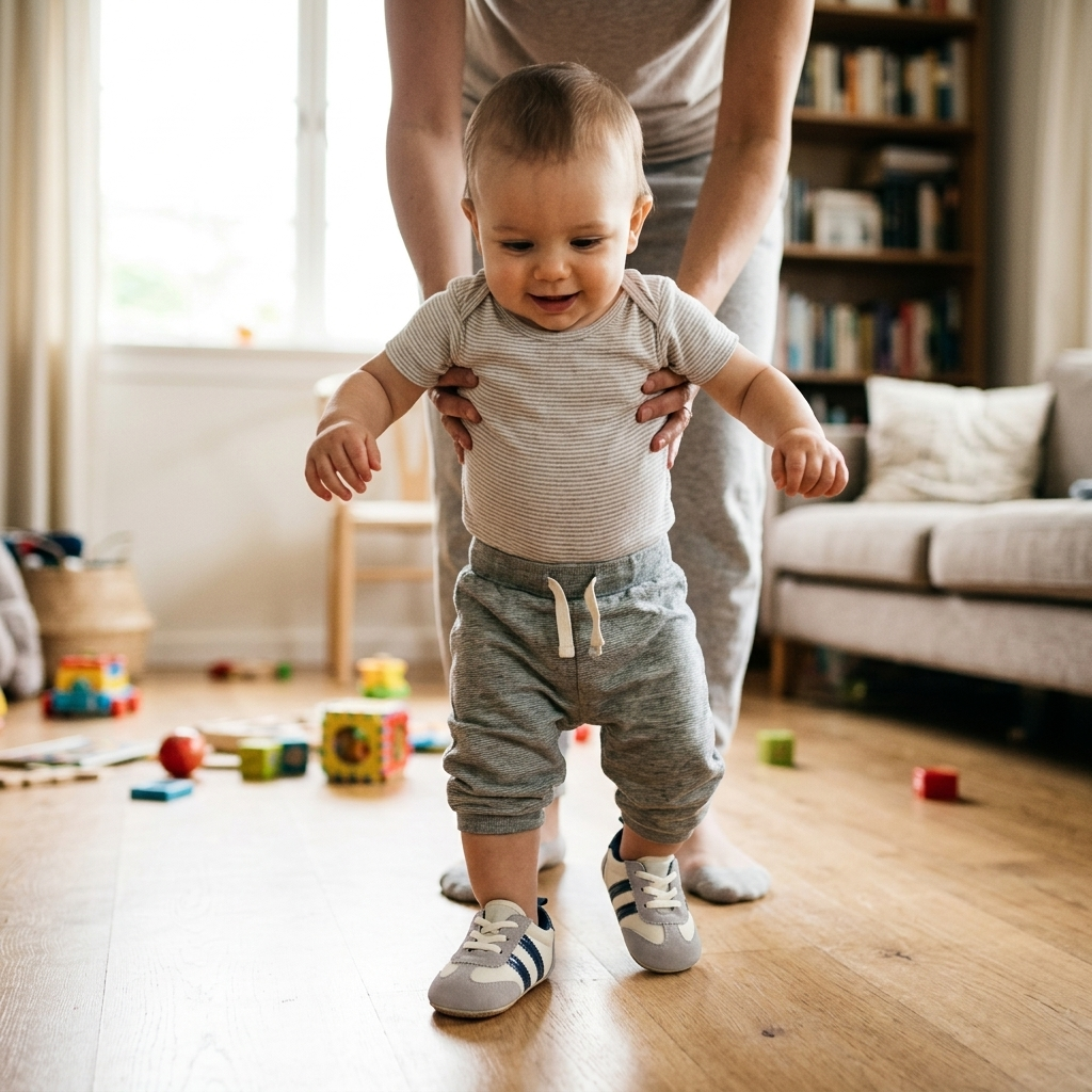 Baby taking first steps in soft casual sneakers held by a parent