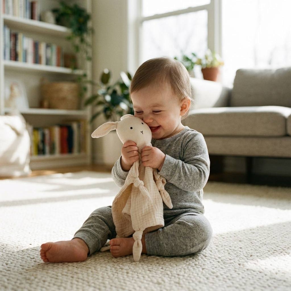 Baby holding and nuzzling a soft muslin bunny lovey on a rug