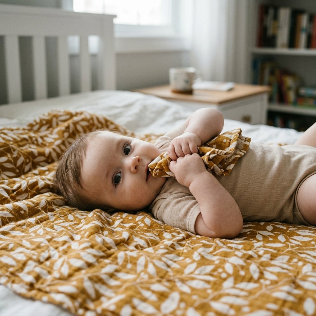 Baby resting with a soft botanical muslin blanket, gripping a corner