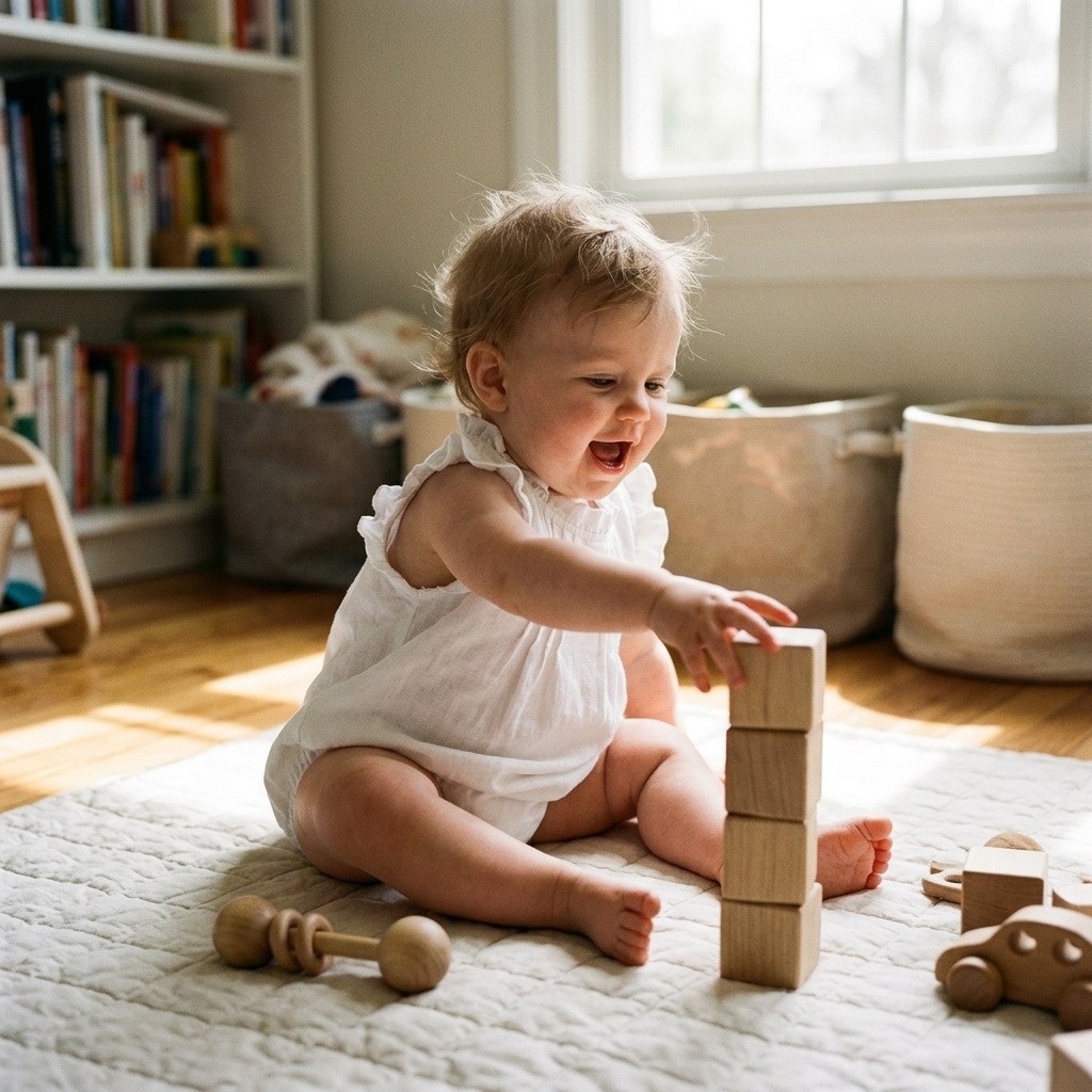 Baby in a sleeveless linen romper reaching for a toy