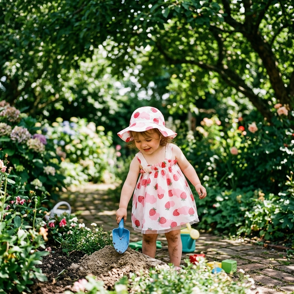 Toddler in a summer dress and wide-brim sun hat playing in the shade