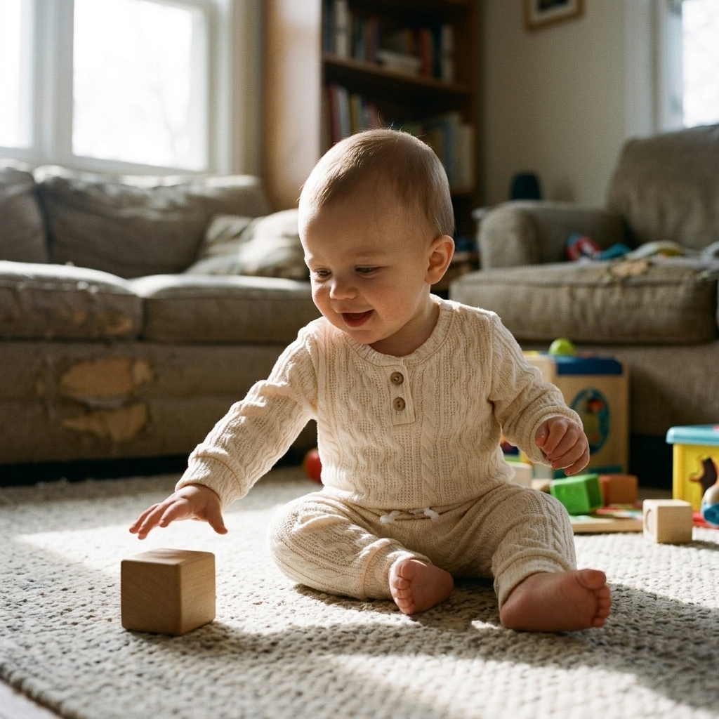 Baby in a soft ribbed cotton top and pants set playing on a rug