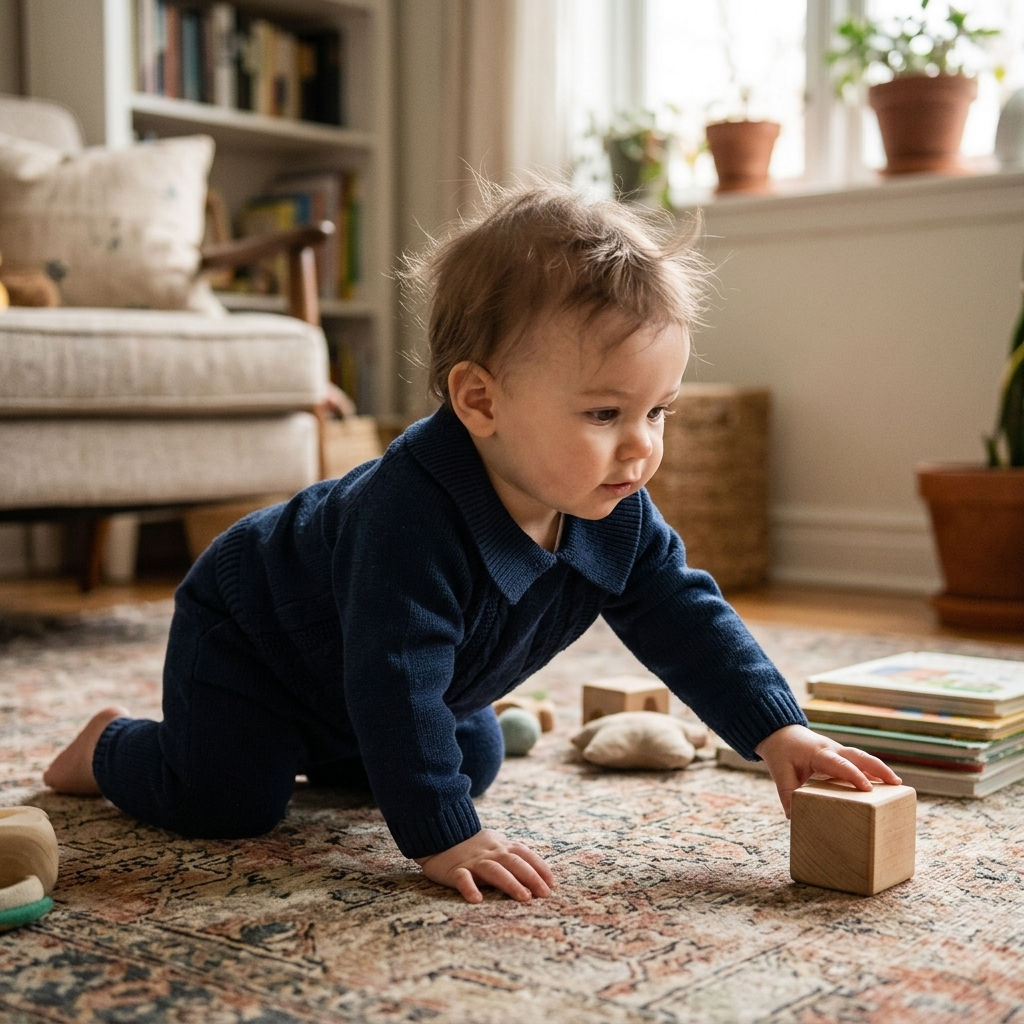 Baby in a soft knit cotton pullover and pants set playing on the floor
