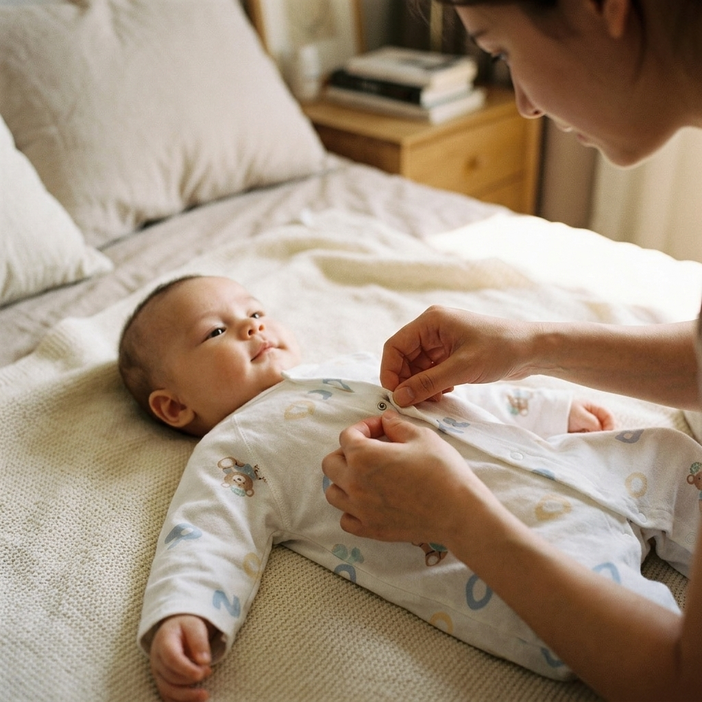 Parent fastening the front snaps of a baby's soft cotton sleepsuit