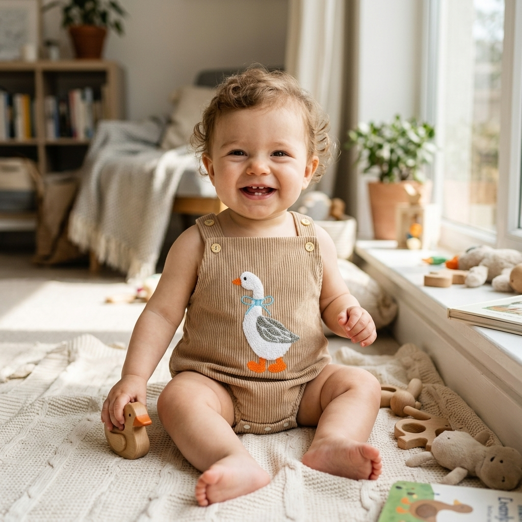 Baby in a soft cotton onesie sitting on a clean blanket