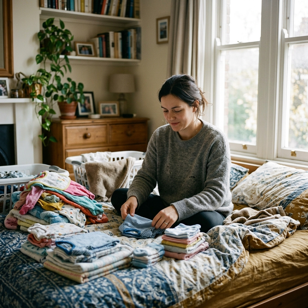 Parent sorting and folding a stack of soft baby clothes on a bed
