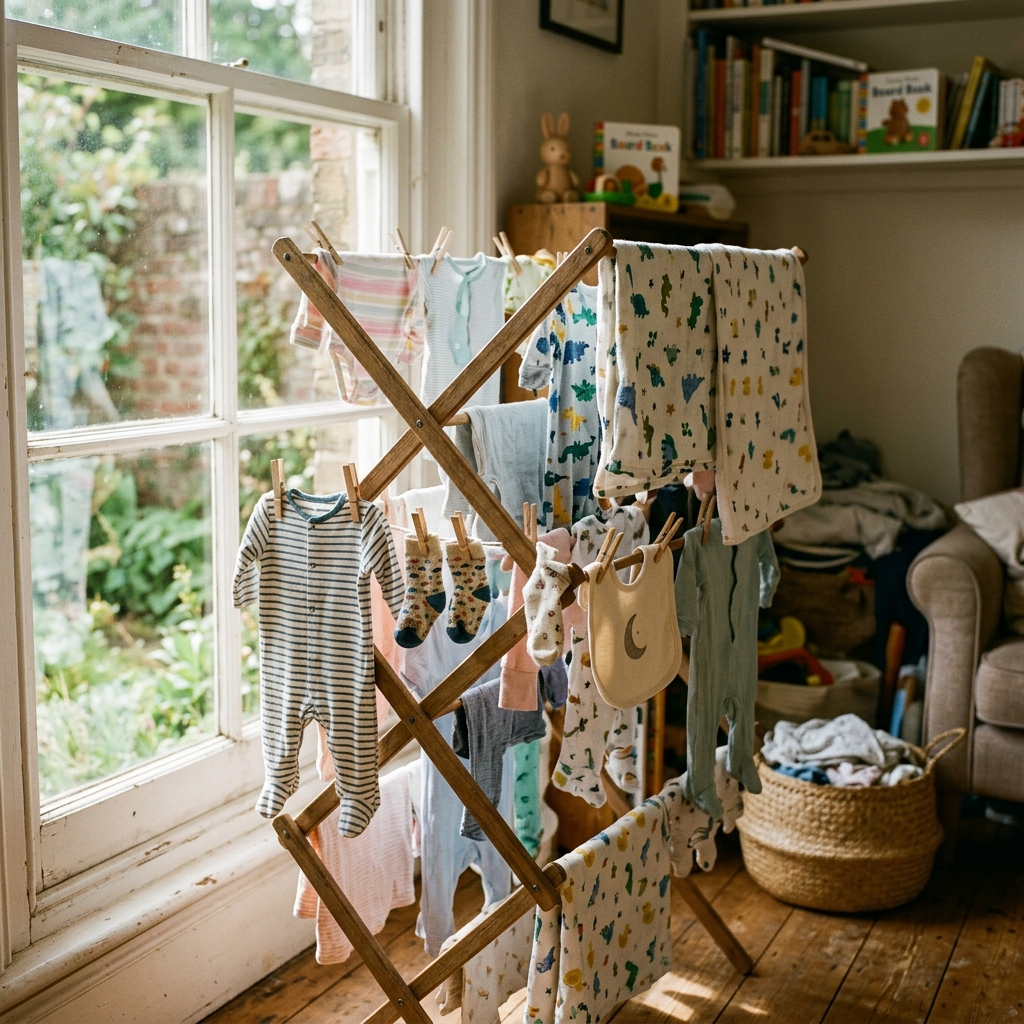 Soft freshly-washed baby clothes air-drying on a wooden rack by a sunny window