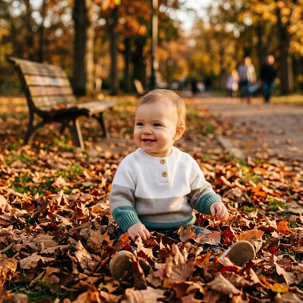 Baby in a soft color-block knit pullover among autumn leaves