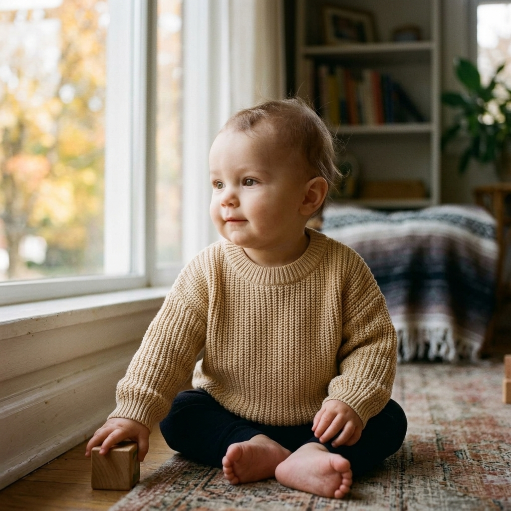 Baby in a soft knitted sweater by a window on an autumn day