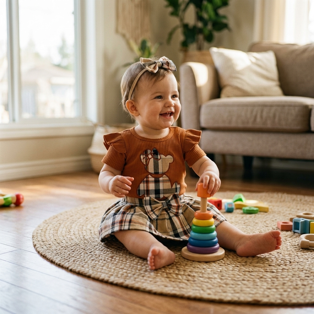 Baby in a plaid bow romper playing on a rug