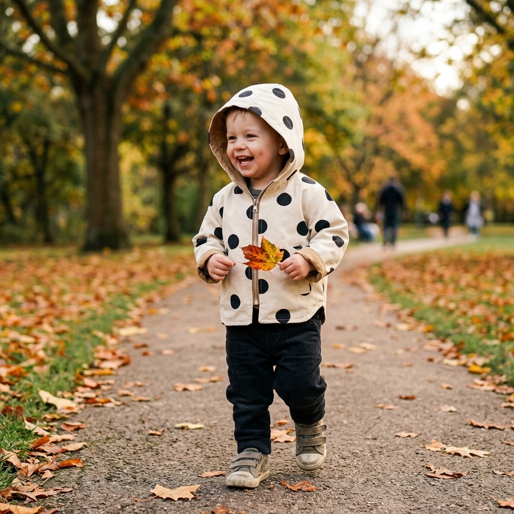 Toddler in a lightweight hooded windbreaker walking outdoors