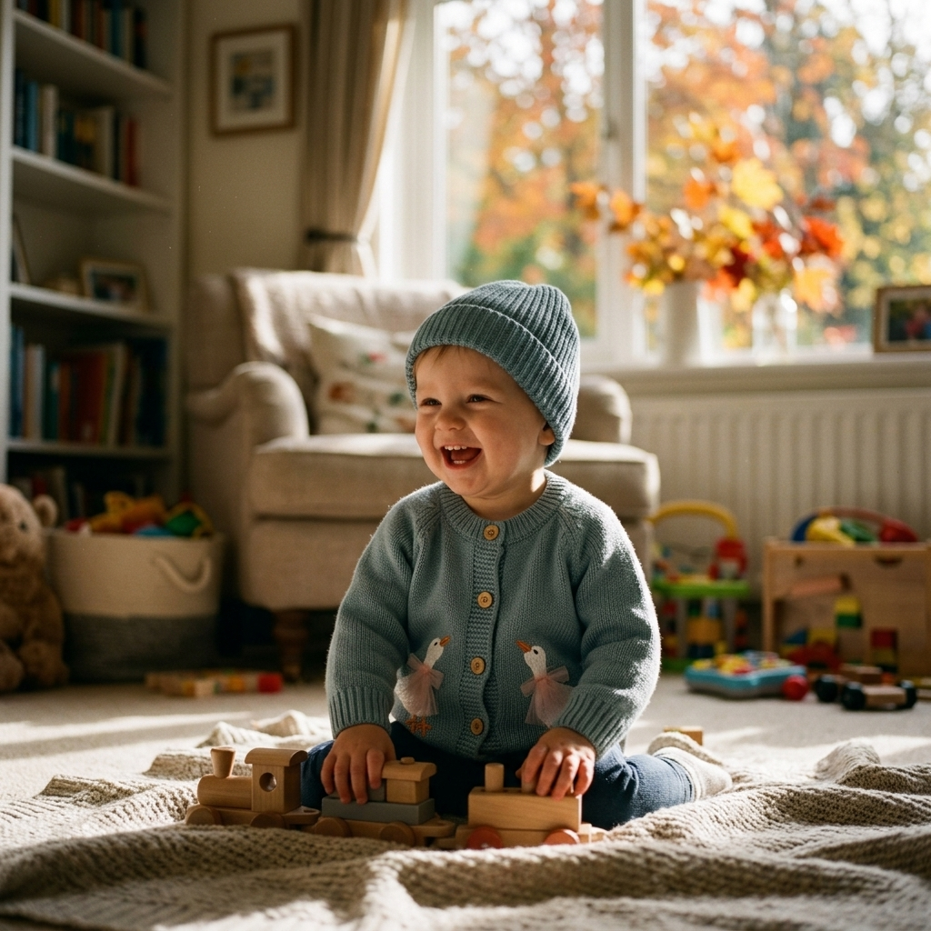Baby in a knitted cardigan with a matching knit hat at home