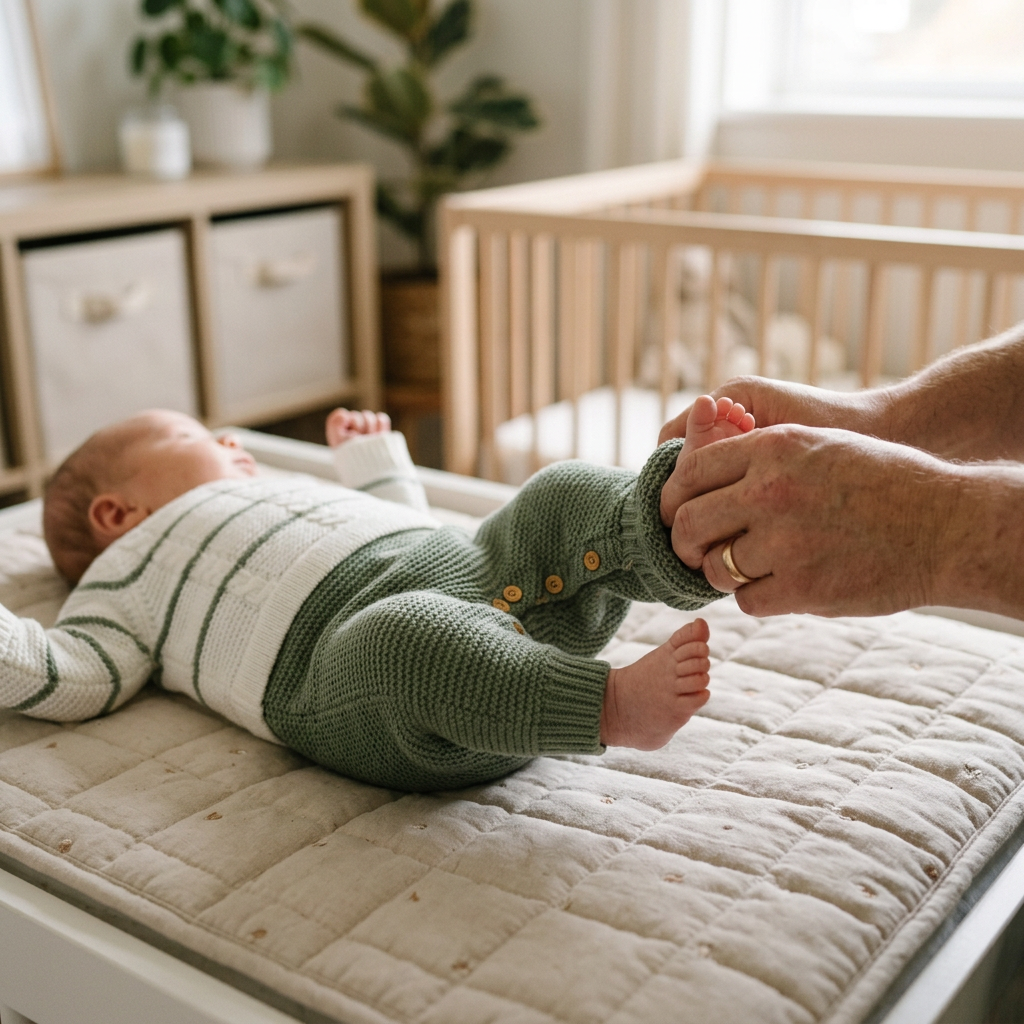 Parent gently dressing a newborn in a knitted striped footed romper on a changing mat
