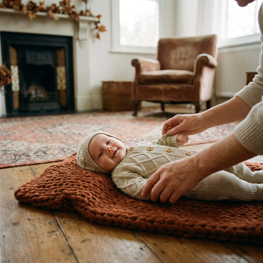 Newborn wearing a knitted footed romper set with matching hat on a knit blanket