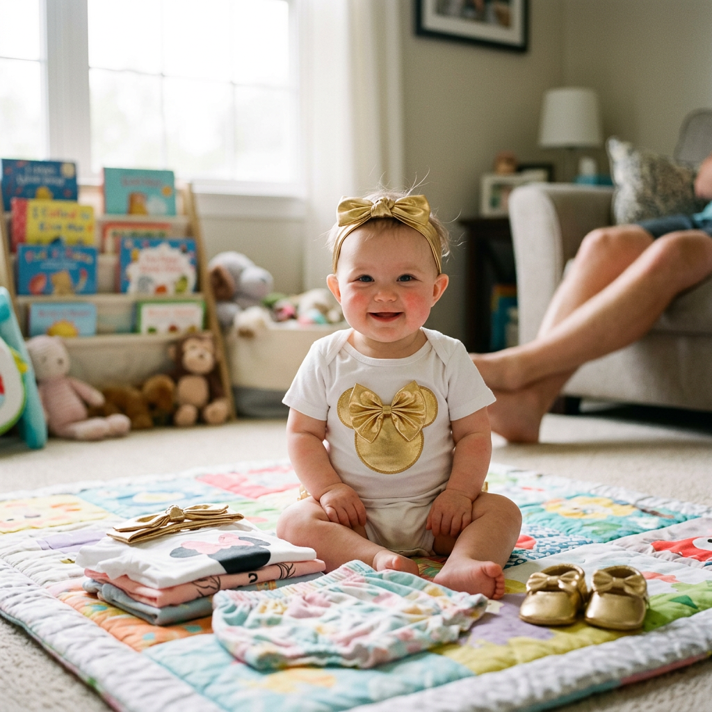 Baby in a cotton romper with matching coordinated set pieces folded beside