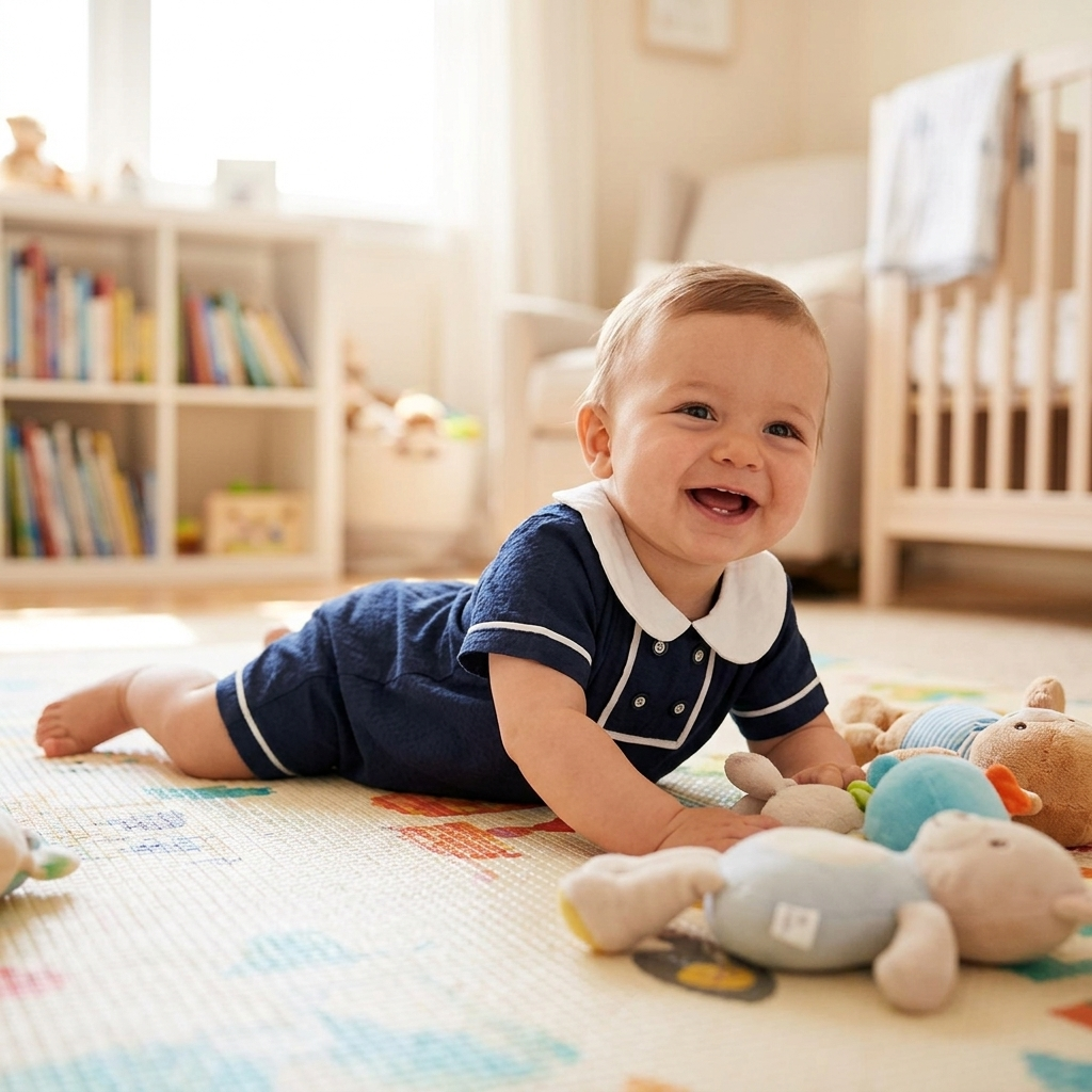 Baby in a simple soft cotton short-sleeve romper as a light base layer