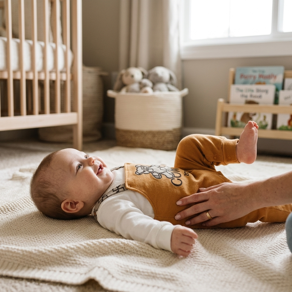 Baby in a soft cotton bear onesie on a freshly laundered blanket