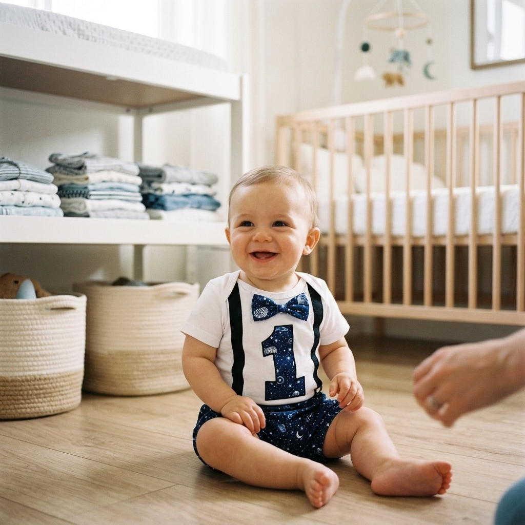 Baby in a cotton gentleman romper set beside neatly folded clean clothes