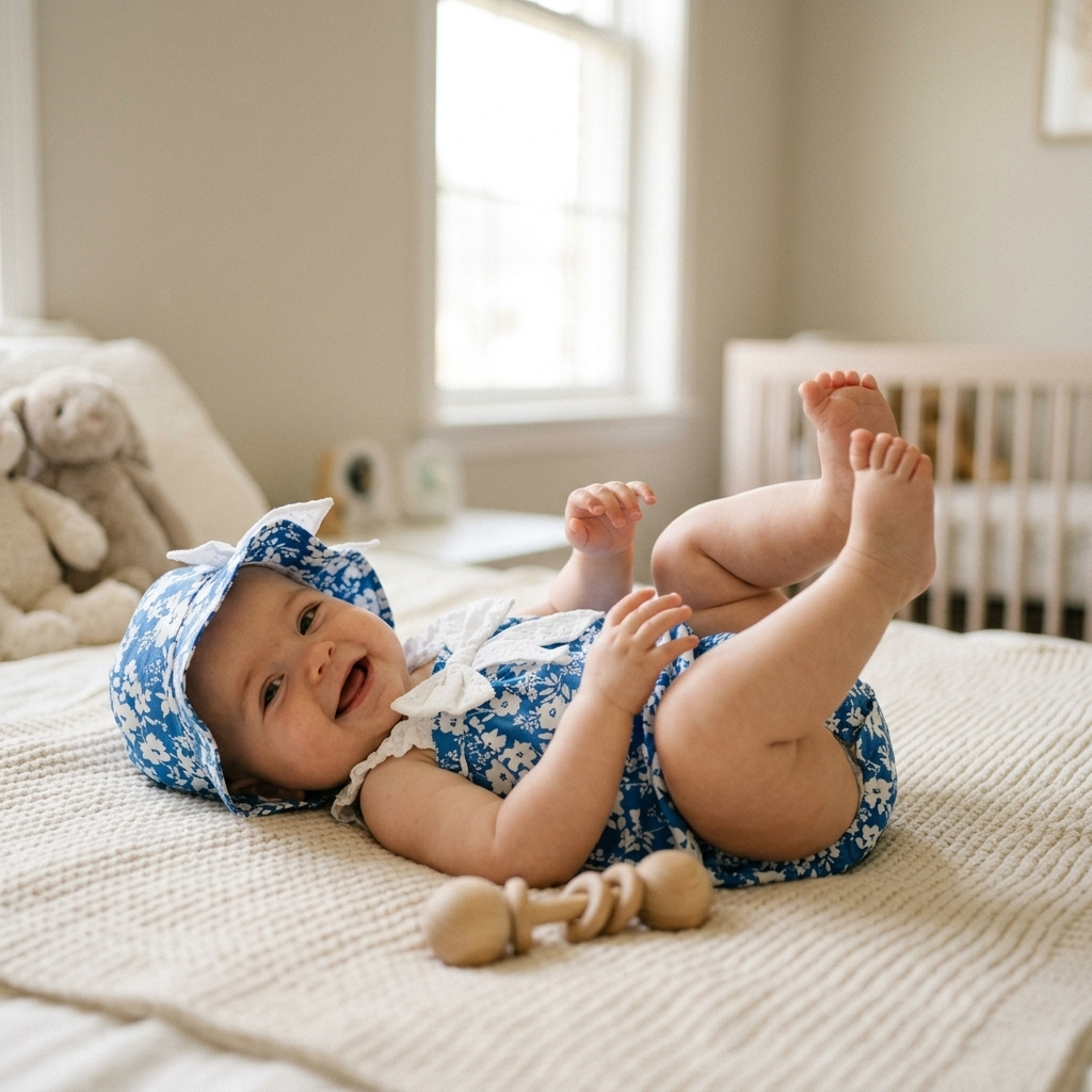 Baby lying on a blanket in a light cotton short-sleeve bodysuit