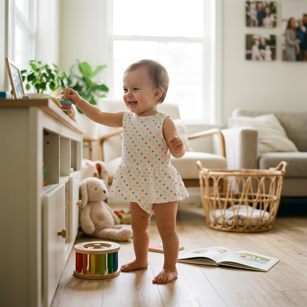 Baby girl standing at home in a sleeveless polka-dot romper dress