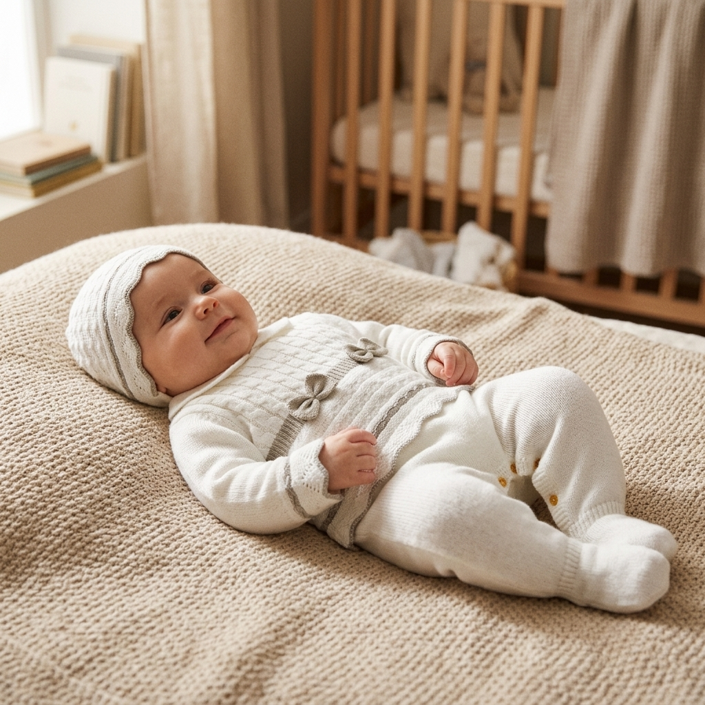 Baby in a cozy footed knit jumpsuit with matching hat, feet fully covered
