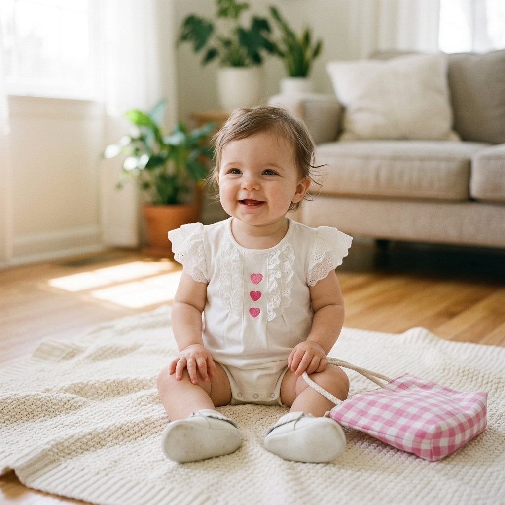 Baby girl sitting on a blanket in a delicate white lace summer romper