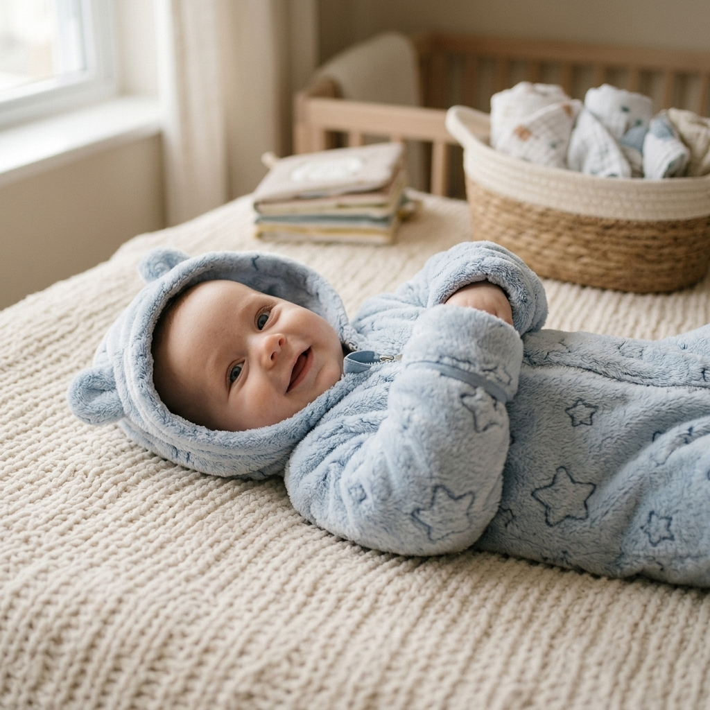 Baby in a cozy long-sleeve flannel hooded romper with hands and arms covered
