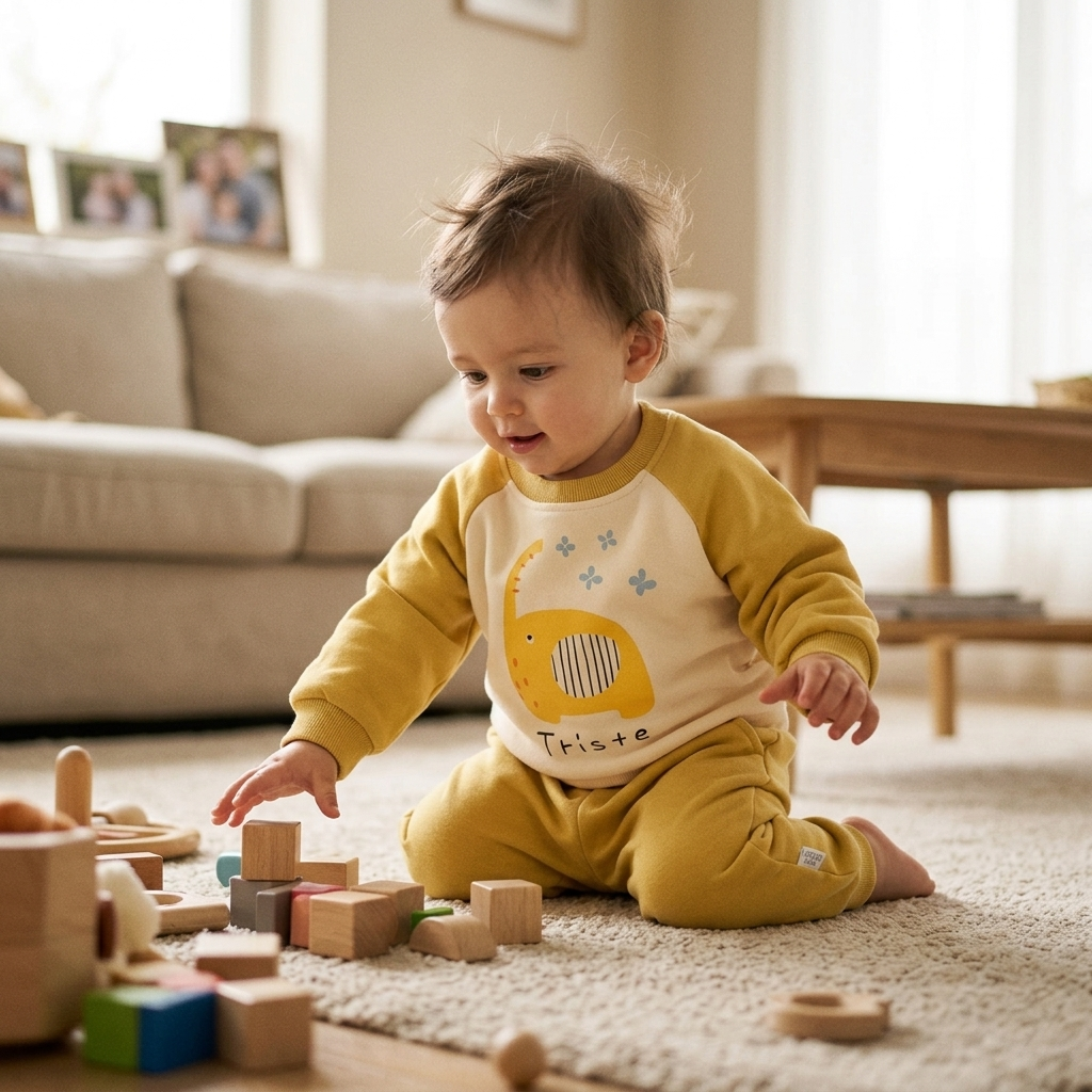 Baby kneeling and playing on the floor in a cozy two-piece sweatshirt and jogger set