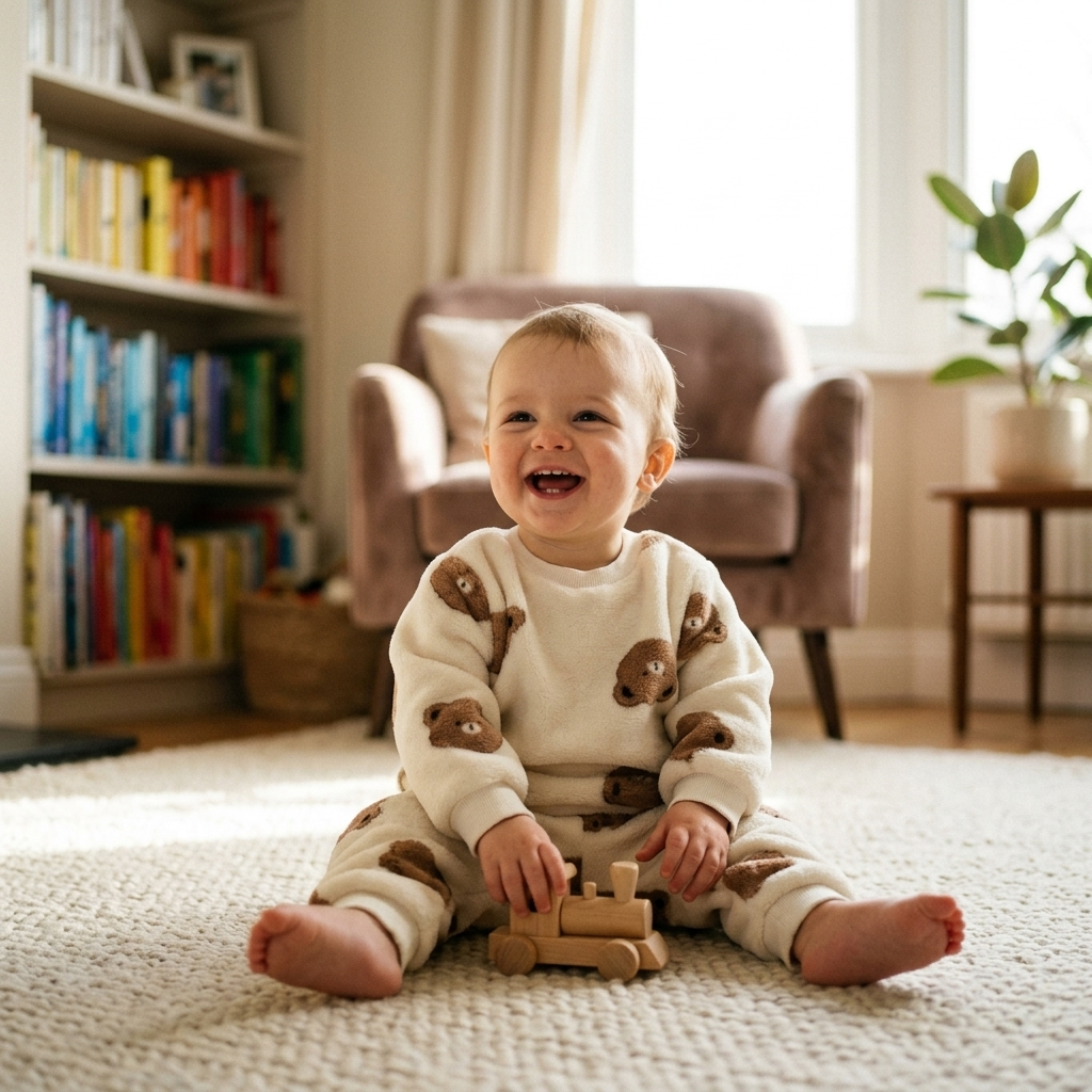 Baby sitting and playing at home in a cozy two-piece long-sleeve top and trousers set