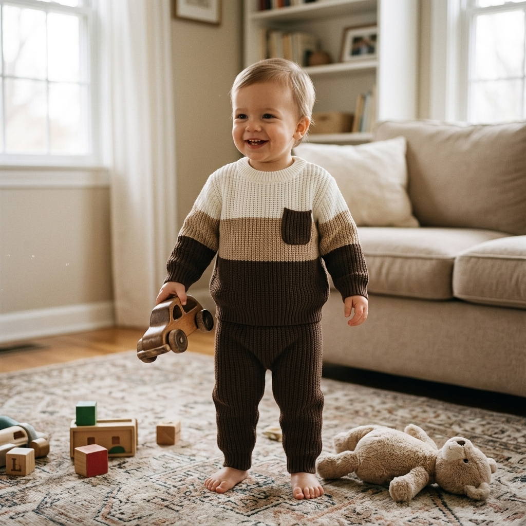 Toddler standing and playing at home in a cozy two-piece striped knit top and trousers