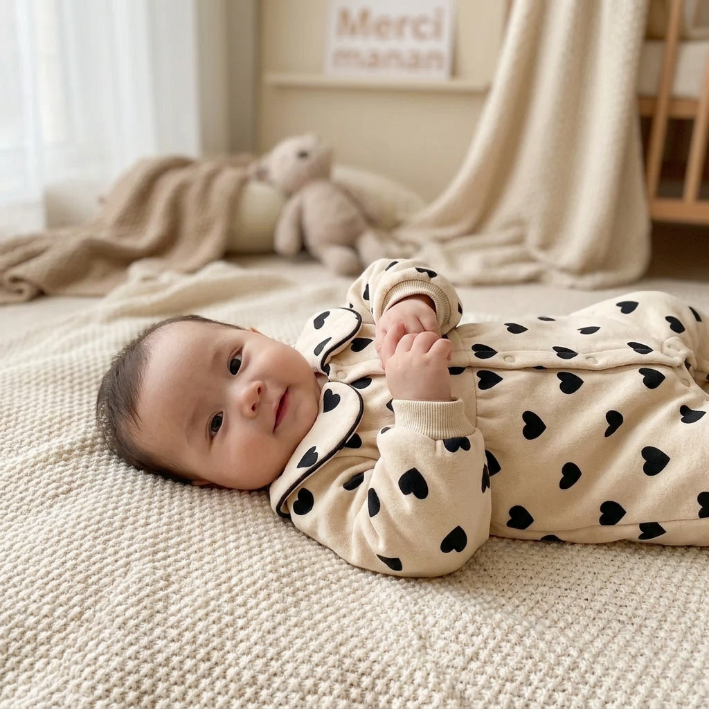 Baby lying on a blanket in a warm long-sleeve cotton one-piece