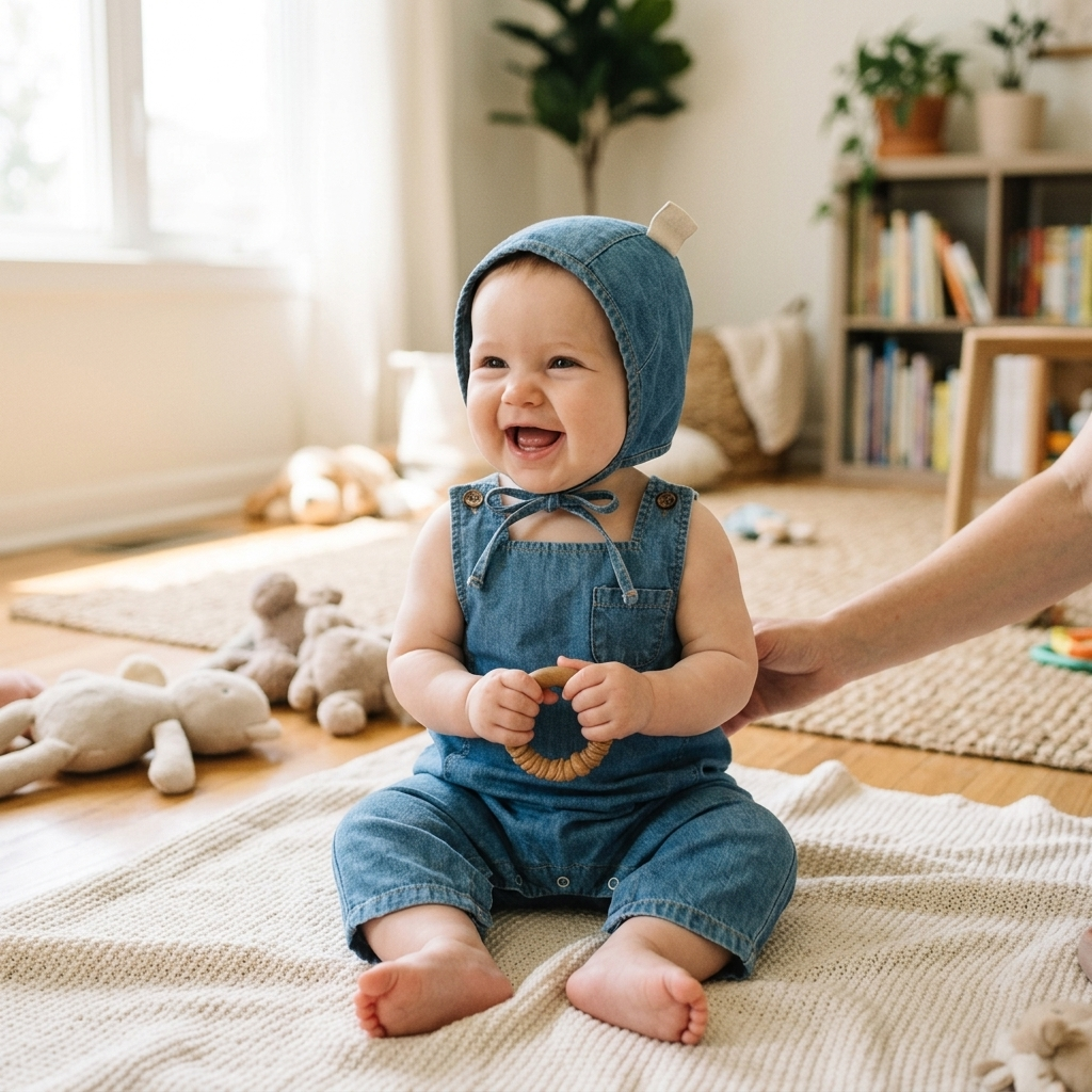 Baby sitting up at home in denim dungaree overalls with a matching denim bonnet