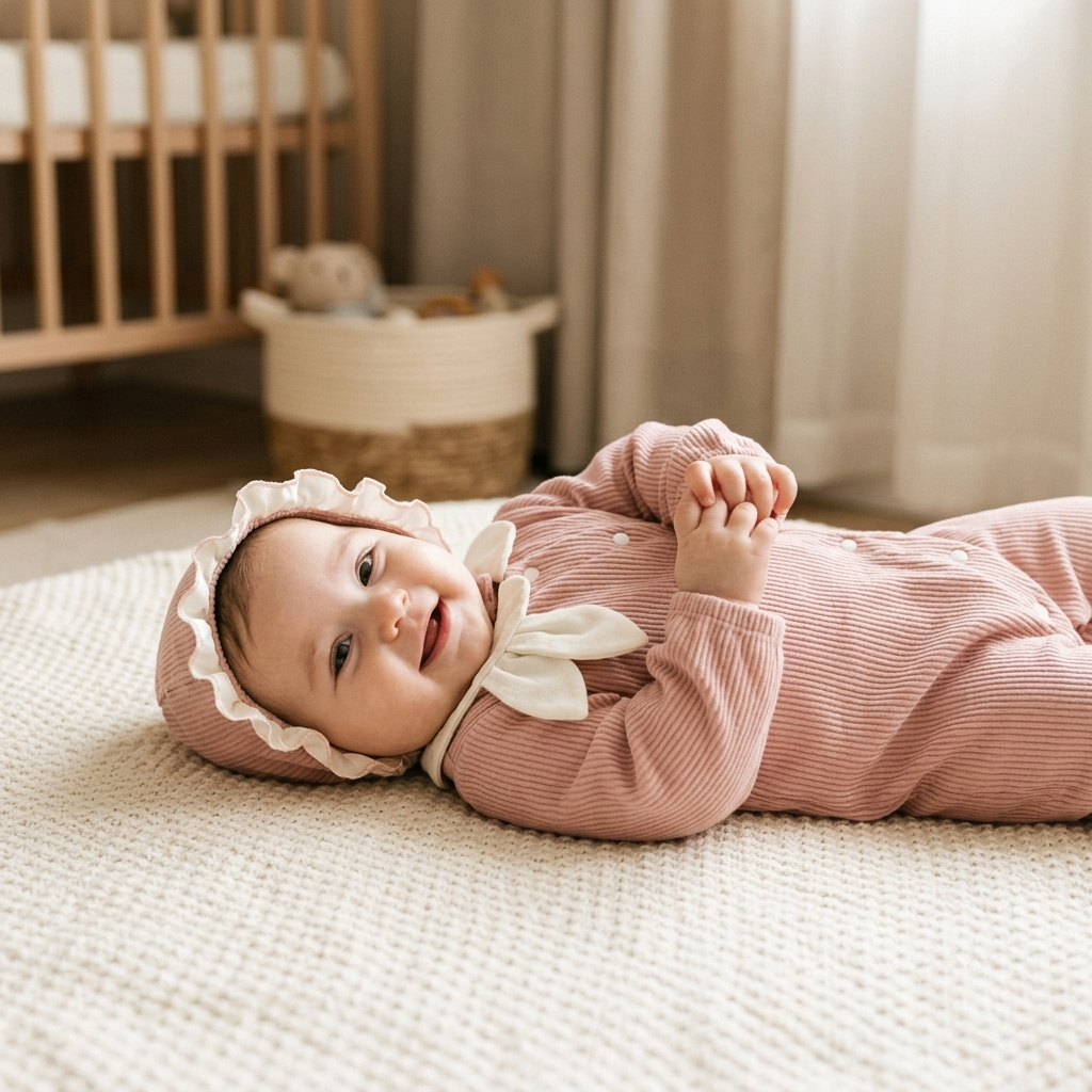 Baby lying on a blanket in a soft pink ribbed sleepsuit with a matching bonnet