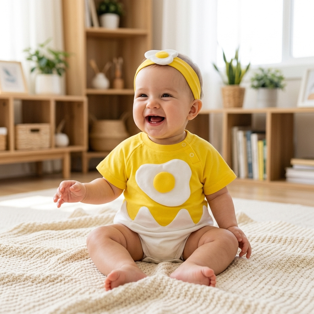 Baby sitting on a blanket in a bright yellow cotton romper