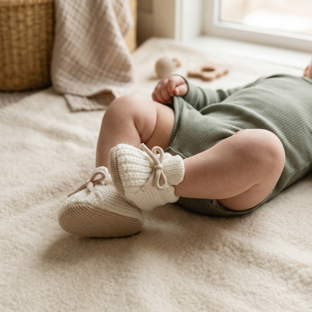 Baby lying on a blanket wearing cloud-soft knit prewalker booties