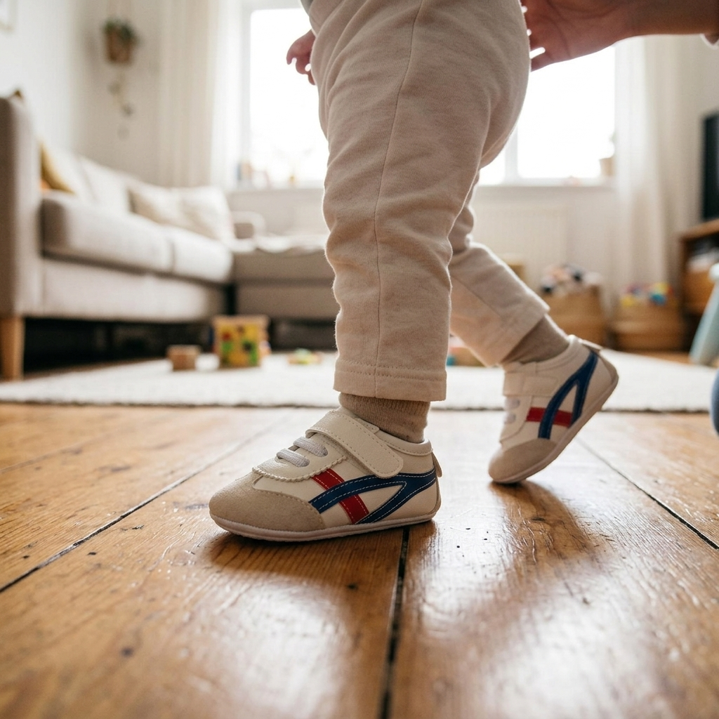 Toddler taking first steps on a wooden floor in soft-soled non-slip walker shoes