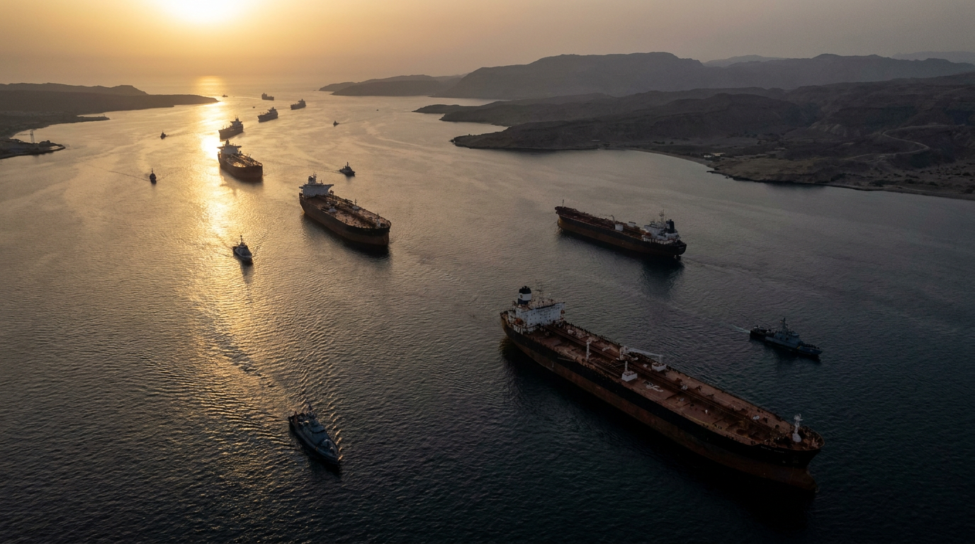 Oil tankers navigating through strategic strait at sunset