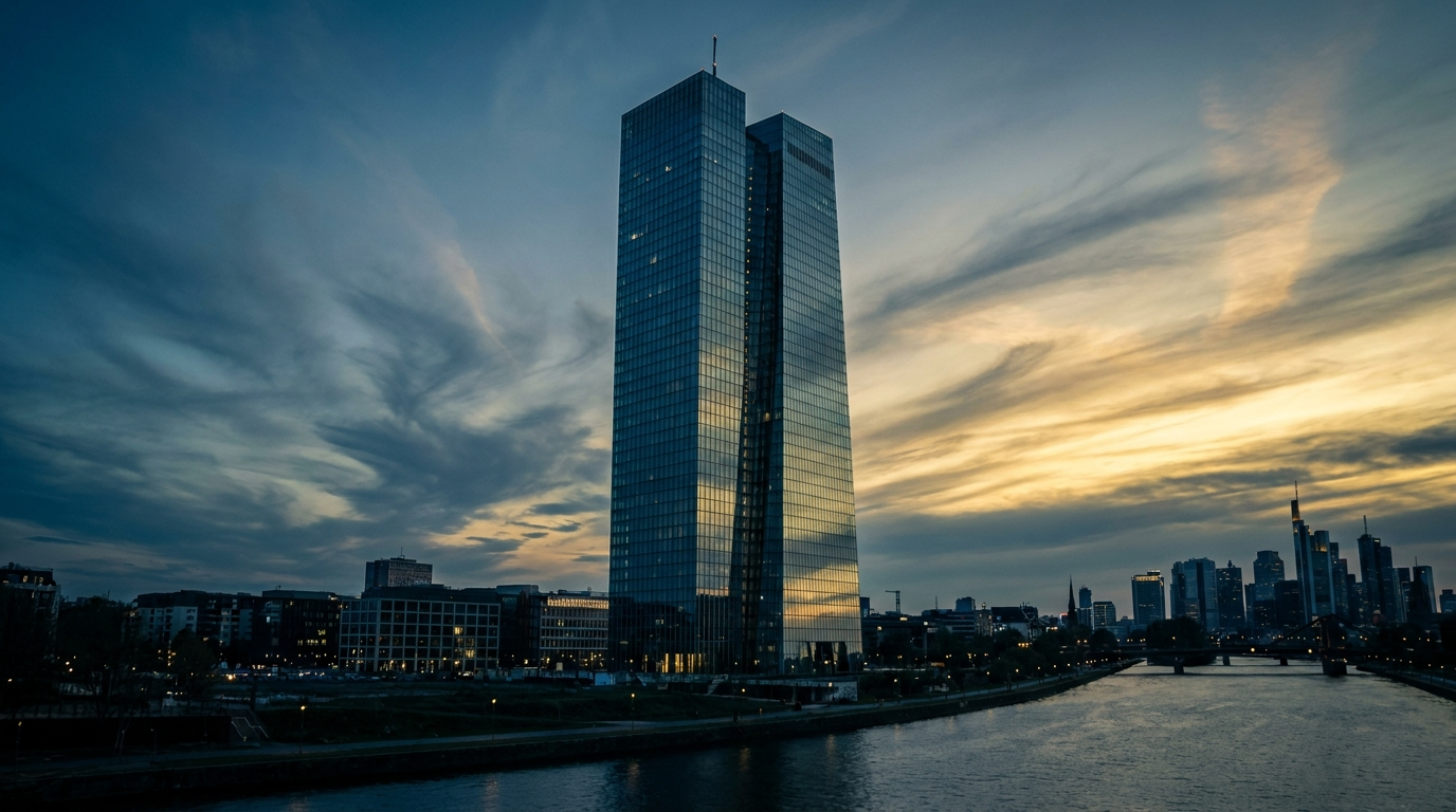 European Central Bank headquarters in Frankfurt at dusk